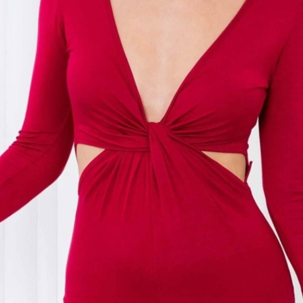 SEXY CUT OUT WAIST DARK RED midi DRESS - Picture 3 of 7